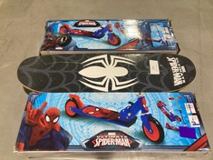 3 X KIDS SCOOTERS MARVEL SPIDERMAN INCLUDING SKATEBOARD BLACK AND GREY COLOUR.