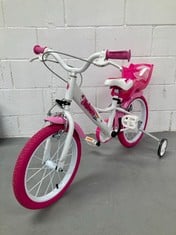 PINK AND WHITE CHILDREN'S BIKE WITH DUMMY SEAT.