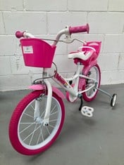 PINK AND WHITE CHILDREN'S BIKE WITH DUMMY SEAT.