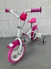 PINK AND WHITE CHILDREN'S BIKE WITH RUBBER WHEELS TO START LEARNING.