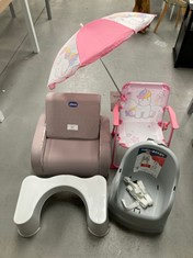 5 X BABY ITEMS INCLUDING HAMMOCK WITH PARASOL (HIGHCHAIR BROKEN).