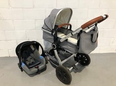 KINDERKRAFT 3 IN 1 PUSHCHAIR IN GREY AND BROWN (LACKING CARRYCOT COVER).