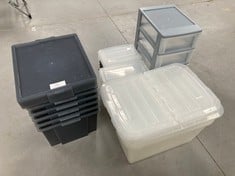 28 X PLASTIC STORAGE BOXES INCLUDING 5-STOREY PLASTIC FILING CABINET (MAY BE BROKEN OR INCOMPLETE).