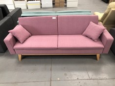 PINK TWO SEATER SOFA BED (CRACKED AT THE BOTTOM).