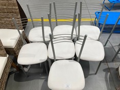 7 X WHITE AND METAL KITCHEN CHAIRS (SOME OF THEM WITH A SMALL DEFECT IN THE CUSHION).