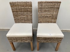 2 X WICKER CHAIRS FOR GARDEN OR TERRACE WITH WHITE CUSHION.