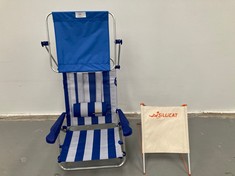 2 X SWIMMING POOL ARTICLES INCLUDING RECLINING CHAIR WITH SUNSHADE FROM CREVICOSTA IN BLUE AND WHITE STRIPES.