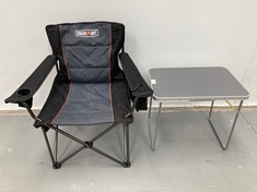 2 X CAMPING ITEMS INCLUDING OVERMONT CHAIR. WITH COOLER ON ARMREST (ONE TABLE LEG FIXINGS BROKEN).