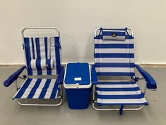 3 X BEACH ITEMS CONTAINING RECLINING BEACH CHAIR WITH A VICOSTA MARKER.