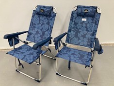 2 X CREVICOSTA BLUE FLOWER BEACH CHAIRS WITH COASTERS.