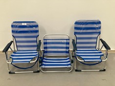 3 X AKTIVE BLUE AND WHITE STRIPED BEACH CHAIRS IN DIFFERENT SIZES.