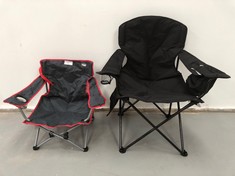 2 X FOLDING CAMPING CHAIRS INCLUDING CHAIR WITH COOLER IN ARMREST.