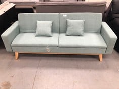 TURQUOISE BLUE SOFA BED (CRACKED FRONT AND RIGHT SIDE).