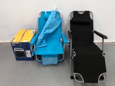 4 X CAMPING ITEMS INCLUDING CAMPING CHAIRS AND COOL BOX (BLUE CHAIR BROKEN ON ARM).