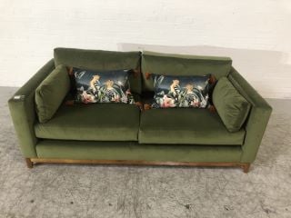 OLIVE GREEN COLOURED VELVET 2 SEATER SOFA WITH SHOW WOOD