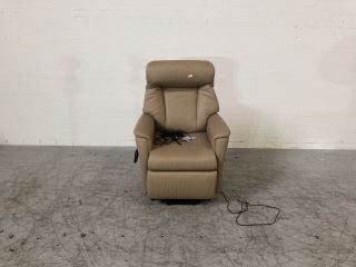 LIGHT TAN COLOURED LEATHER POWER RECLINER ARMCHAIR (POWER CABLE INCLUDED)