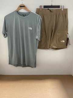 THE NORTH FACE WOMEN'S PACKABLE SHORTS IN KELP TAN - UK 12 TO INCLUDE THE NORTH FACE MEN'S REAXION AMP CREW TSHIRT IN MID HEATHER GREY: LOCATION - J11