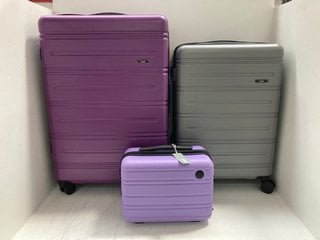 3 X ASSORTED SUITCASES TO INCLUDE ROCK LARGE SUITCASE IN PURPLE: LOCATION - J14