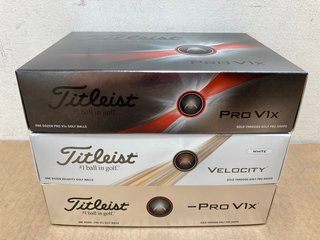 3 X BOXES OF ASSORTED GOLF BALLS TO INCLUDE TITLEIST VELOCITY GOLF BALLS: LOCATION - I2