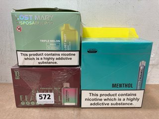 4X ASSORTED VAPE TO INCLUDE FIREROSE NOVA STRAWBERRY JAM AND LOST MARY TRIPLE MELON (PLEASE NOTE: 18+YEARS ONLY. ID MAY BE REQUIRED): LOCATION - E0