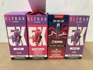 3 X BOXES OF ELFBAR AF5000 5000 PUFF DISPOSABLE VAPES IN GRAPE/STRAWBERRY RASPBERRY CHERRY ICE TO ALSO INCLUDE BOX OF SKE CRYSTAL 600 PUFF DISPOSABLE VAPES IN BLUEBERRY SOUR RASPBERRY - (PLEASE NOTE: