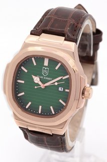 MEN'S FRANK SCHMIDT AMBASSADOR WATCH. FEATURING A GREEN TEXTURED DIAL, ROSE GOLD COLOURED BEZEL AND CASE, DATE, W/R 3ATM. BROWN LEATHER STRAP. COMES WITH A PRESENTATION CASE: LOCATION - E1