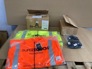 3 X SUPERTOUCH WORKWEAR HI-VIS FLEECE JACKETS IN YELLOW/ORANGE - UK M/L/2XL TO ALSO INCLUDE BOX OF WOMENS SLIM FIT LONG SLEEVE CROP TOPS IN BLACK - UK 2XL: LOCATION - H11