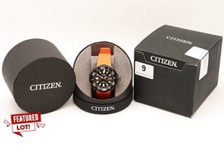 CITIZEN MEN'S BN0088-03E ECO-DRIVE PROMASTER DIVER WATCH. FEATURING A BLACK DIAL, BEZEL AND STAINLESS STEEL CASE, DATE, W/R 30ATM, ORANGE RUBBER STRAP. COMES IN A PRESENTATION CASE - RRP £349: LOCATI