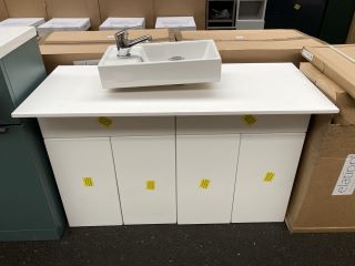 (COLLECTION ONLY) 2 X WALL HUNG 2 DOOR BASE UNITS IN WHITE WITH A 1000 X 430MM SOLID SURFACE COUNTERTOP COMPLETE WITH A STH CERAMIC BASIN COMPLETE WITH A MONO BASIN MIXER TAP & CHROME SPRUNG WASTE- R