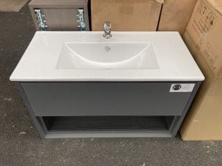 (COLLECTION ONLY) WALL HUNG 1 DRAWER WITH OPEN SHELF IN GLOSS GREY & WOODGRAIN WITH A 800 X 390MM 1TH CERAMIC BASIN COMPLETE WITH A MONO BASIN MIXER TAP & CHROME SPRUNG WASTE - RRP £785: LOCATION - A