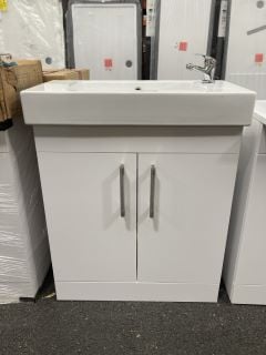 (COLLECTION ONLY) FLOOR STANDING 2 DOOR SINK UNIT IN WHITE WITH A 700 X 360MM 1TH CERAMIC BASIN COMPLETE WITH A MONO BASIN MIXER TAP & CHROME SPRUNG WASTE - RRP £785: LOCATION - A3