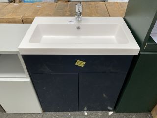 (COLLECTION ONLY) WALL HUNG 2 DOOR SINK UNIT IN INDIGO WITH A 610 X 360MM 1TH POLYMARBLE BASIN COMPLETE WITH A MONO BASIN MIXER TAP & CHROME SPRUNG WASTE - RRP £725: LOCATION - A6