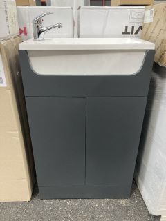 (COLLECTION ONLY) FLOOR STANDING 2 DOOR SINK UNIT IN MATT GREY WITH A 510 X 240MM STH POLYMARBLE BASIN COMPLETE WITH A MONO BASIN MIXER TAP & CHROME SPRUNG WASTE - RRP £725: LOCATION - A4