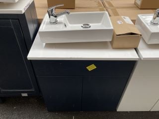 (COLLECTION ONLY) WALL HUNG 2 DOOR COUNTER TOP SINK UNIT IN INDIGO & WHITE 600 X 360MM WITH A STH CERAMIC BASIN COMPLETE WITH A MONO BASIN MIXER TAP & CHROME SPRUNG WASTE - RRP £725: LOCATION - A8