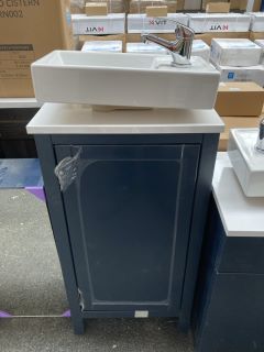 (COLLECTION ONLY) FLOOR STANDING 1 DOOR COUNTER TOP CLOSET SINK UNIT IN INDIGO & WHITE 450 X 250MM WITH A STH CERAMIC BASIN COMPLETE WITH A MONO BASIN MIXER TAP & CHROME SPRUNG WASTE - RRP £785: LOCA