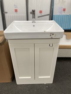 (COLLECTION ONLY) FLOOR STANDING 2 DOOR SINK UNIT IN IVORY WITH A 600 X 480MM 1TH CERAMIC BASIN MIXER TAP & CHROME SPRUNG WASTE - RRP £725: LOCATION - A4