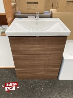 (COLLECTION ONLY) VITRA ECORA WALL HUNG 3 DRAWER SINK UNIT IN WALNUT WITH A 630 X 500MM 1TH CERAMIC BASIN COMPLETE WITH A MONO BASIN MIXER TAP & CHROME SPRUNG WASTE - RRP £1024: LOCATION - A2