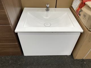 (COLLECTION ONLY) VITRA WALL HUNG 1 DRAWER SINK UNIT IN GLOSS WHITE WITH A 620 X 500MM1TH POLYMARBLE BASIN COMPLETE WITH A MONO BASIN MIXER TAP & CHROME SPRUNG WASTE - RRP £675: LOCATION - A2