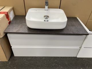 (COLLECTION ONLY) WALL HUNG 2 DRAWER COUNTERTOP SINK UNIT IN GREY & MOCCA 1000 X 460MM WITH A 1TH CERAMIC BASIN COMPLETE WITH A MONO BASIN MIXER TAP & CHROME SPRUNG WASTE - RRP £925: LOCATION - A2