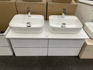 (COLLECTION ONLY) WALL HUNG 4 DRAWER TWIN COUNTERTOP SINK UNIT IN GLOSS WHITE 1220 X 520MM WITH 2 X 1TH CERAMIC BASIN COMPLETE WITH 2 X MONO BASIN MIXER TAPS & CHROME SPRUNG WASTES - RRP £1225: LOCAT