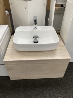 (COLLECTION ONLY) WALL HUNG 1 DRAWER COUNTERTOP SINK UNIT IN LIGHT OAK 700 X 500MM WITH A 1TH CERAMIC BASIN COMPLETE WITH A MONO BASIN MIXER TAP & CHROME SPRUNG WASTE - RRP £725: LOCATION - A2