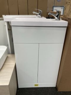 (COLLECTION ONLY) FLOOR STANDING 2 DOOR CLOSET SINK UNIT IN WHITE 500 X 260MM STH POLYMARBLE BASIN COMPLETE WITH A MONO BASIN MIXER TAP & CHROME SPRUNG WASTE - RRP £565: LOCATION - A3