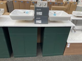 (COLLECTION ONLY) 2 X FLOOR STANDING 2 DOOR COUNTERTOP SINK UNITS IN DARK GREEN & WHITE 1220 X 520MM WITH 2 X CERAMIC VESSEL BASINS COMPLETE WITH 2 X WALL MOUNTED BASIN MIXERS IN CHROME WITH SPRUNG W