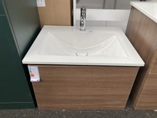 (COLLECTION ONLY) VITRA WALL HUNG 1 DRAWER LED ILLUMINATED SINK UNIT IN WALNUT WITH A 620 X 500MM 1TH POLYMARBLE BASIN COMPLETE WITH A MONO BASIN MIXER TAP & WHITE WASTE - RRP £1145: LOCATION - A3