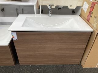 (COLLECTION ONLY) VITRA WALL HUNG 2 DRAWER LED ILLUMINATED SINK UNIT IN WALNUT WITH A 920 X 500MM 1TH POLYMARBLE BASIN COMPLETE WITH A MONO BASIN MIXER TAP & WHITE WASTE - RRP £1568: LOCATION - A3