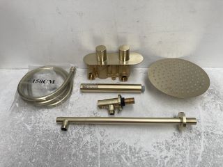 TWIN CONCEALED SHOWER VALVE IN BRUSHED GOLD WITH HANDSET HOSE, ROUND FIXED SHOWER HEAD WITH WALL MOUNTED ARM - RRP £675: LOCATION - RACKING 2