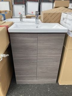 (COLLECTION ONLY) FLOOR STANDING 2 DOOR SINK UNIT IN BROWN GREY AVOLA WITH A 620 X 360MM 1TH CERAMIC BASIN COMPLETE WITH A MONO BASIN MIXER TAP & CHROME SPRUNG WASTE - RRP £745: LOCATION - A4