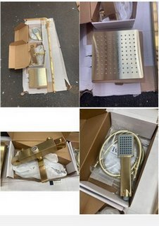 WALL MOUNTED BSM IN BRUSHED BRASS WITH RISER RAIL, MULTI FUNCTION HANDSET & HOSE WITH SQUARE FIXED SHOWER HEAD - RRP £675: LOCATION - RACKING 3