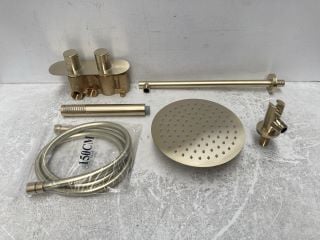 TWIN CONCEALED SHOWER VALVE IN BRUSHED BRASS WITH HANDSET, HOSE WITH ROUND FIXED SHOWER HEAD WITH WALL MOUNTING ARM - RRP £745: LOCATION - RACKING 3