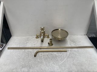 WALL MOUNTED BSM IN BRUSHED BRASS WITH RISER RAIL, MULTI FUNCTION HANDSET & HOSE WITH SQUARE FIXED SHOWER HEAD - RRP £675: LOCATION - RACKING 3